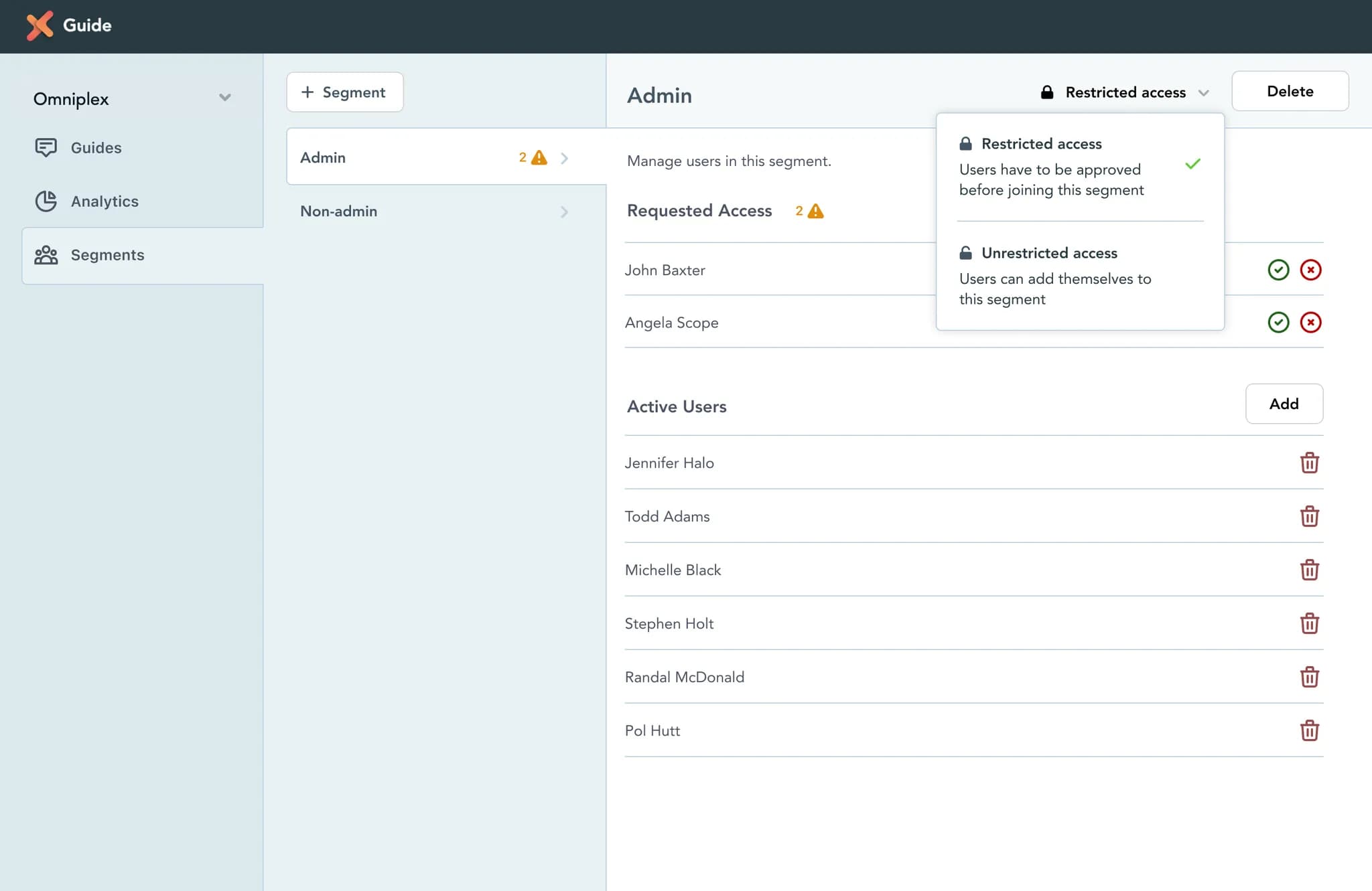 User segmentation interface showing different employee groups and permissions