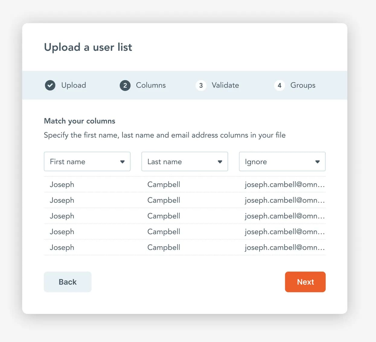 Interface for bulk uploading user lists to the platform